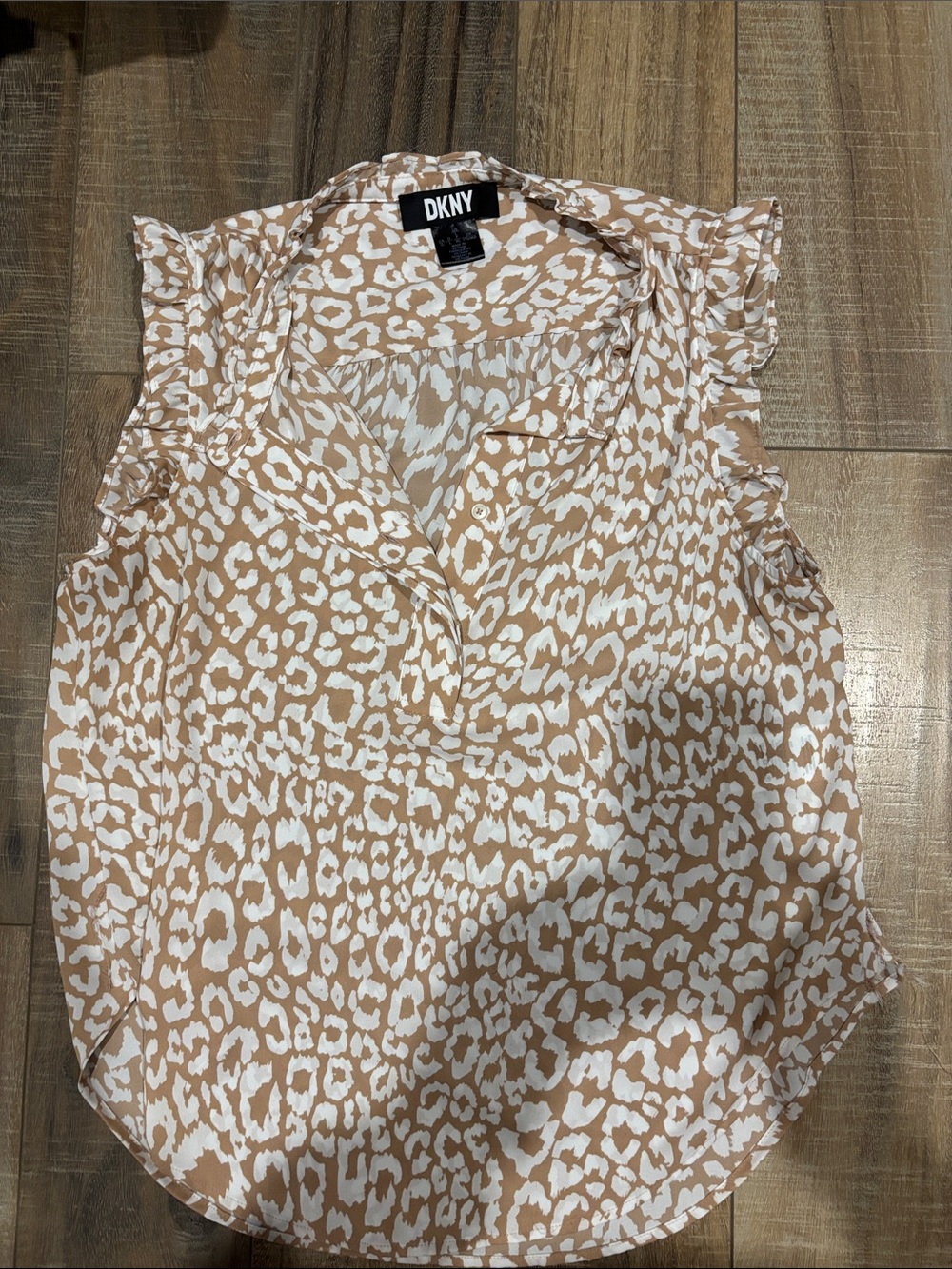 DKNY Tan and White Animal-Print Sleeveless Ruffled Camisole